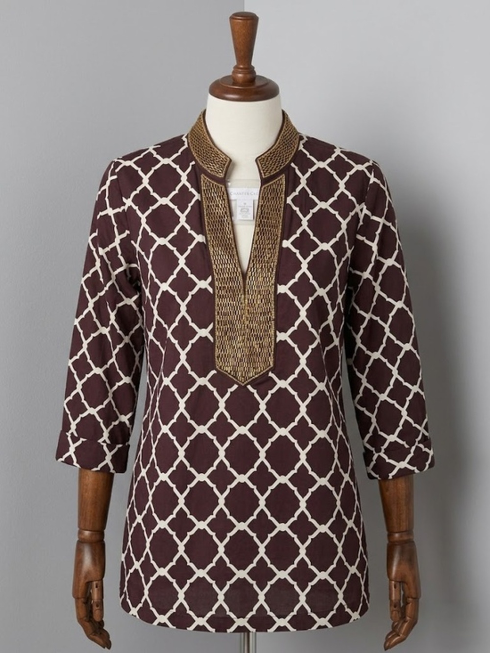 Charter Club Brown Geometric Tunic Top Beaded Neck Size M